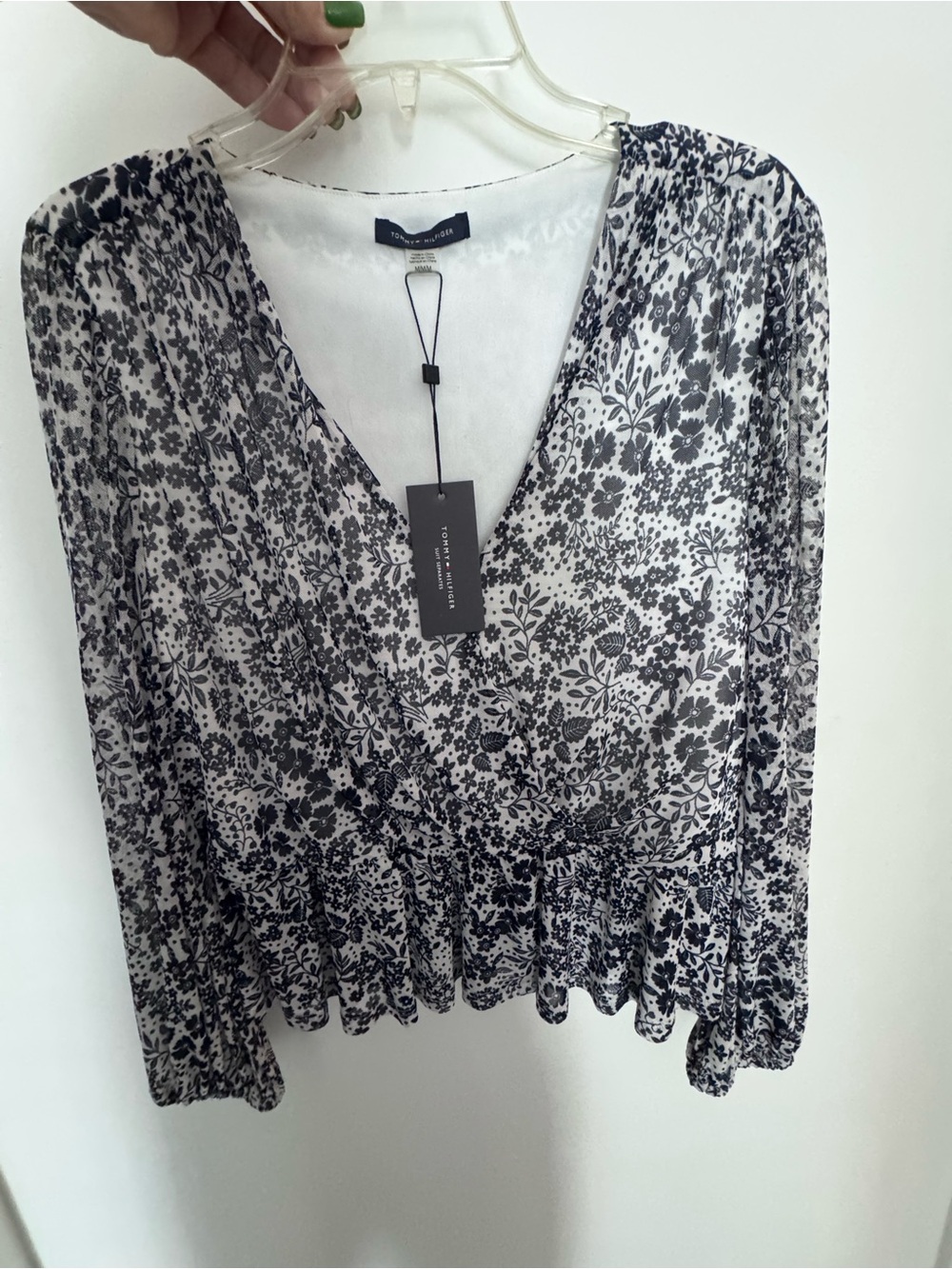 Tommy Hilfiger Blue and White Floral V-Neck Long Sleeve Top Size Medium